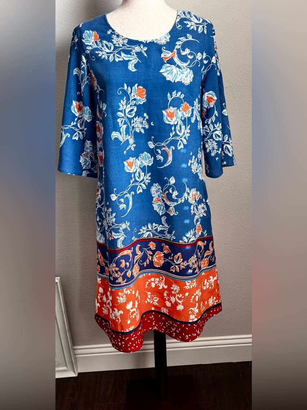 Orientique Blue Floral Border Print Rayon Dress US 8